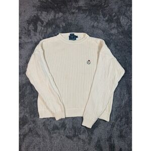 Vintage Chaps Ralph Lauren Cream Ribbed Embroidered Crew Neck Sweater Mens Large